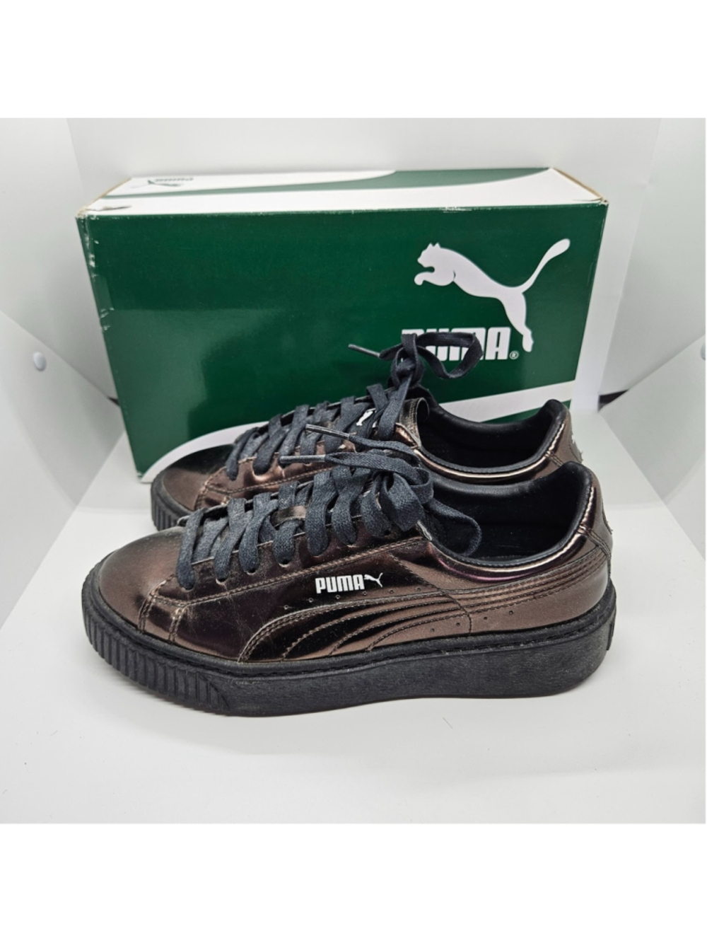 Puma Basket Platform Metallic Sneakers Womens 7.5 Bronze Black Shoes 362339 03